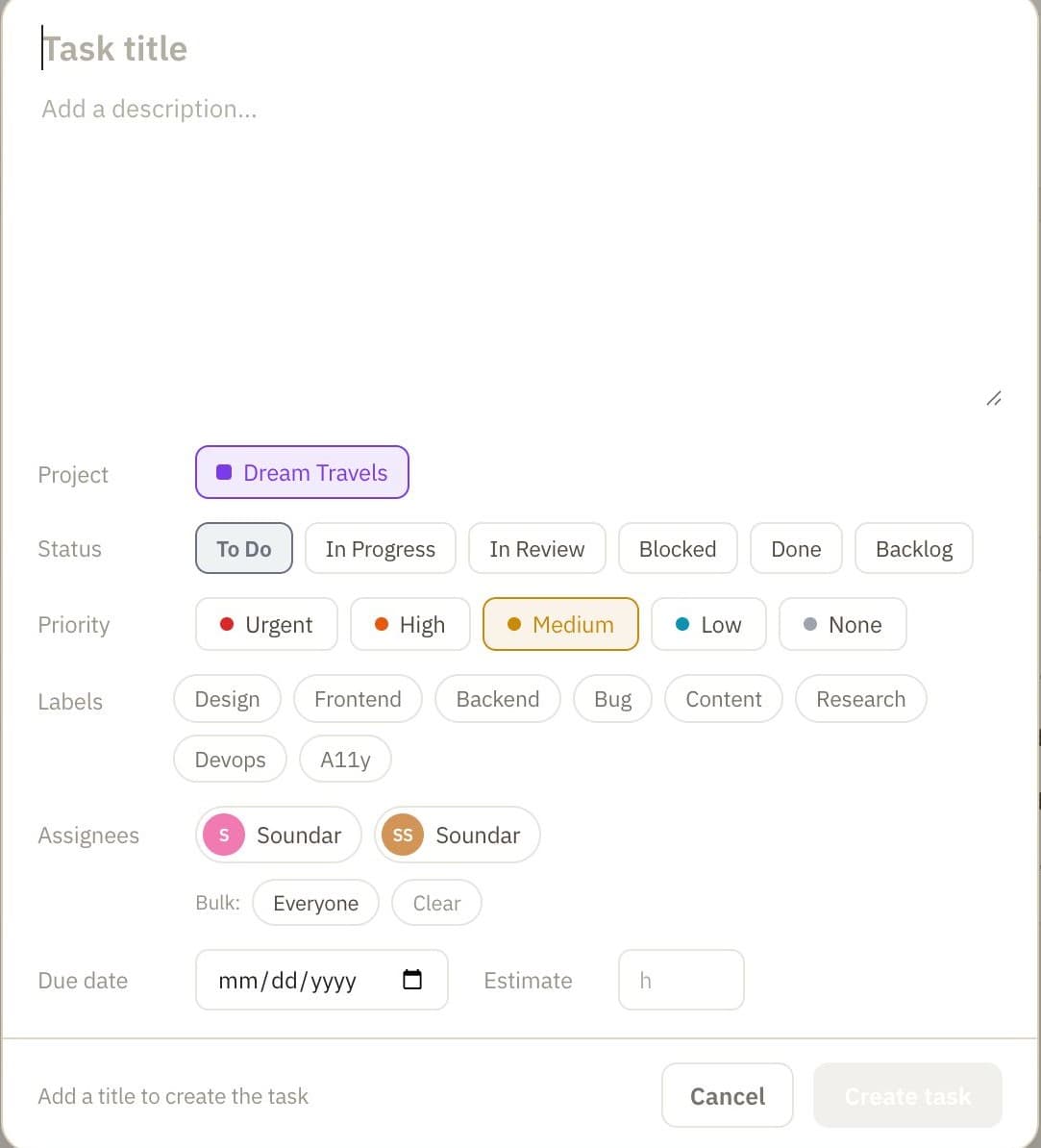 Create Tasks in Seconds